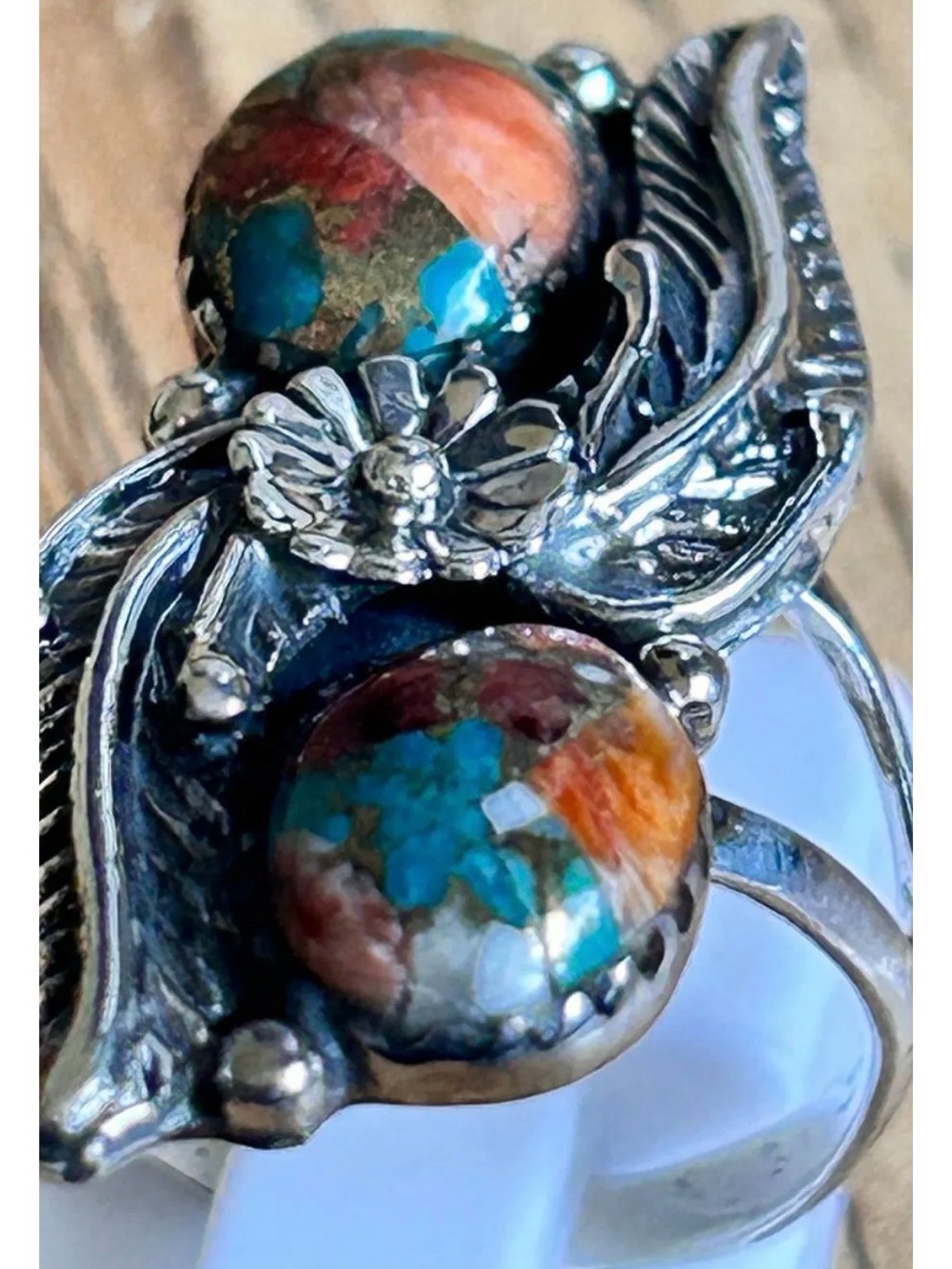 Sterling Silver Floral Double Stone Ring with Turquoise and Orange Matrix